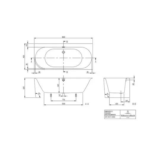 Villeroy & Boch Oberon 2.1 - Vonia 180x80 cm, kairinė, Alpine White UBQ180OBN9CL00VD01