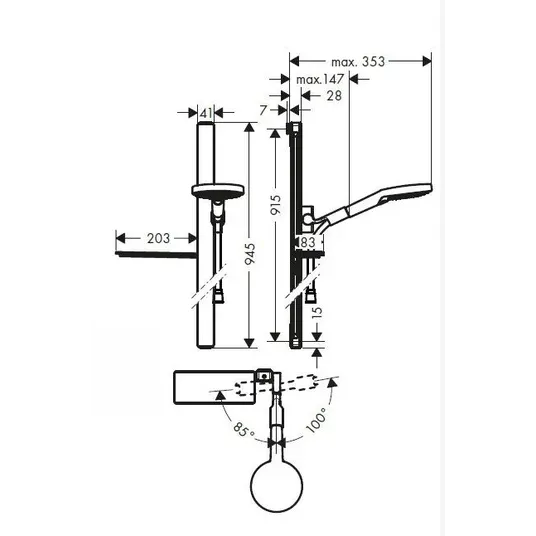 Hansgrohe Raindance Select S – dušo komplektas 120, EcoSmart 9 l/min, 3 sroves, dušo strypas 90 cm, chromuotas 27649000