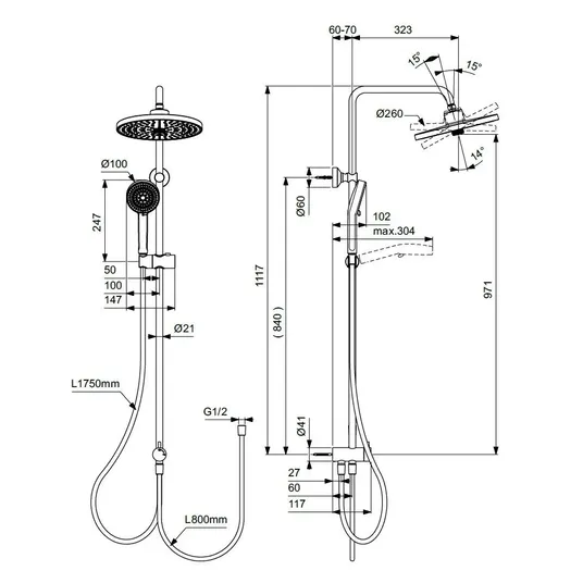 Ideal Standard CeraTherm – dušo rinkinys be maišytuvo, skersmuo 26 cm, 2 srovių tipai, chromas BD747AA