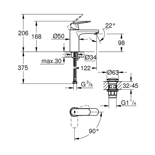 Grohe Eurosmart Cosmopolitan - kraanikaussi kraanikaussi ja suruotsaga äravoolukomplekt, kroom 23928000