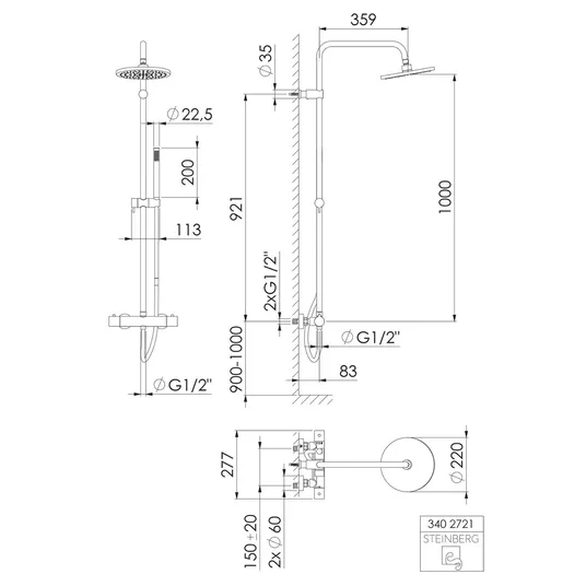 Steinberg 340 – dušo rinkinys su termostatu, skersmuo 22 cm, šlifuotas auksas 340 2721 BG