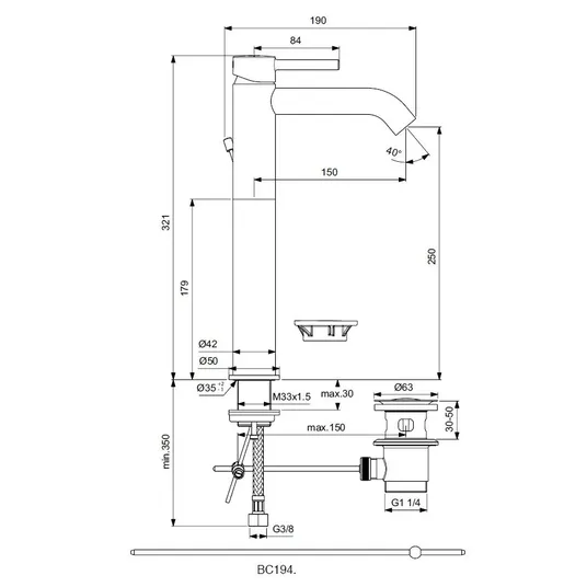 Ideal Standard CeraLine - kraanikauss koos äravoolukomplektiga, must BC194XG