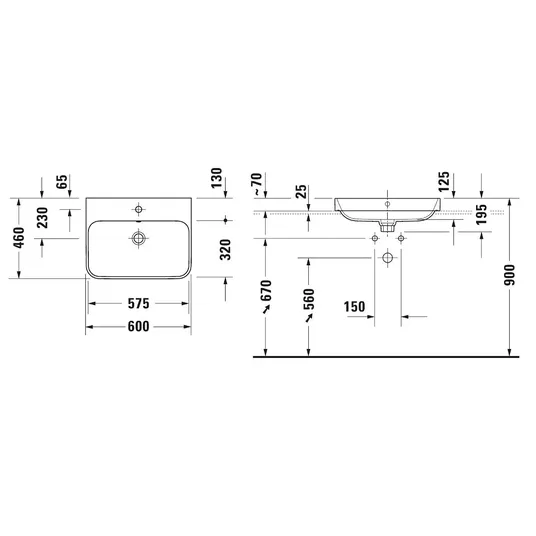 Duravit Happy D.2 Plus - praustuvas, 60x46 cm, su 1 skyle maišytuvui, Alpių baltas 2360600000