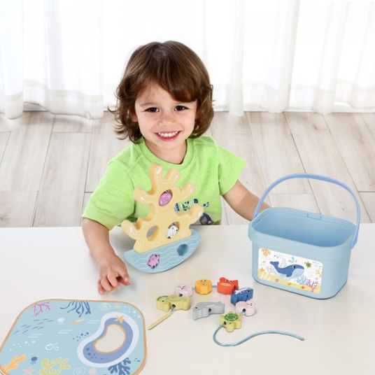 TOOKY TOY Puidust meremänguasjad Tasakaalustustorn Kalapüügifiguurid 23 tk.