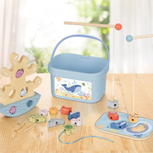 TOOKY TOY Puidust meremänguasjad Tasakaalustustorn Kalapüügifiguurid 23 tk.