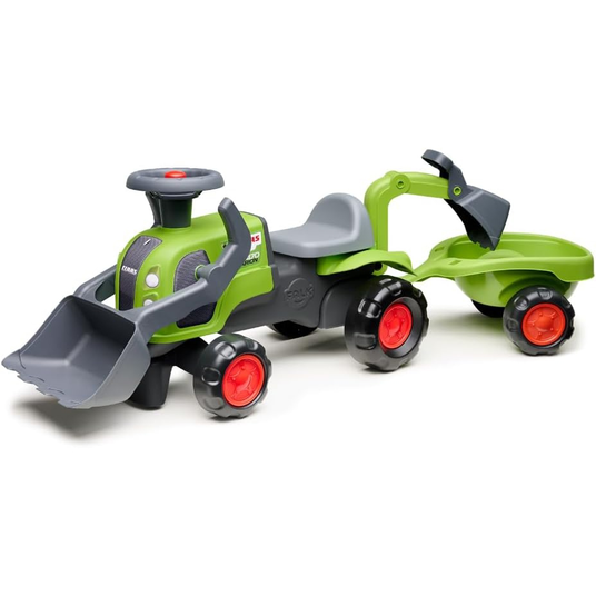 FALK Baby Claas-ajotraktori, jossa on kaivinkoneen kauha ja perävaunu.