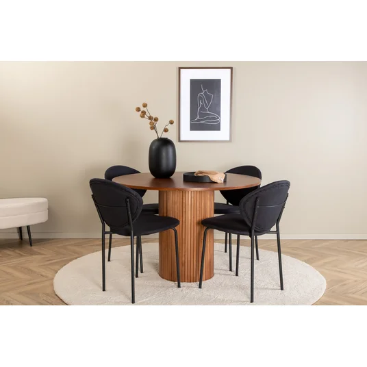 Bianca Round Dining Table - Walnut / Black Veneer+Vault Dining Chair - Black Legs - Black Fabric_4