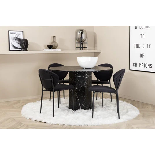 Marbs Round Dining Table , Black Black Glass Marble+Vault Dining Chair , Black Legs , Black Fabric_4