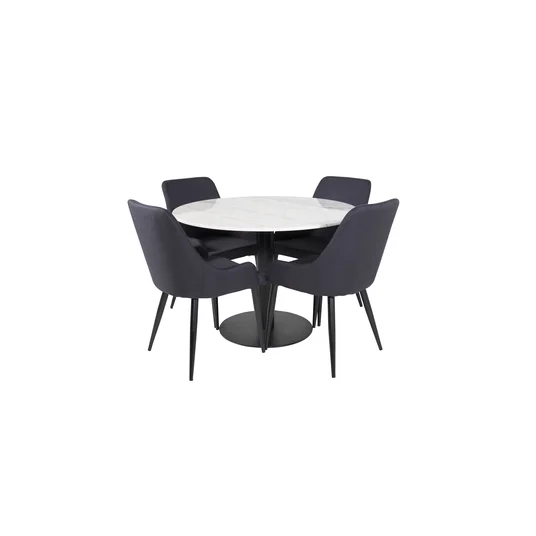 Estelle Dining Table round 106cm White marble / Black Legs - Plaza Dining Chair - Black Legs - Black Fabric 4