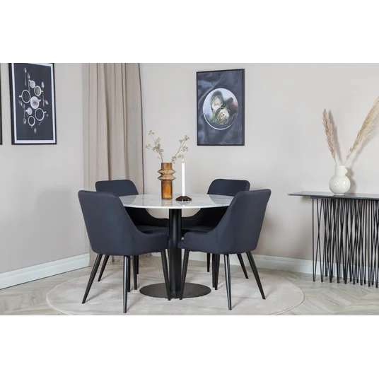 Estelle Dining Table round 106cm White marble / Black Legs - Plaza Dining Chair - Black Legs - Black Fabric 4