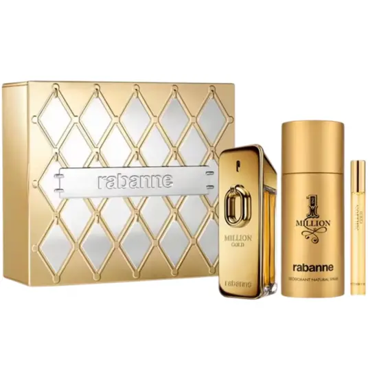 Komplekt Paco Rabanne: Million Gold, Eau De Parfum, Mehed, 100 ml + Million Gold, Eau De Parfum, Mehed, 10 ml + 1 Million, Antiperspirant, Deodorant Spray, Mehed, 150 ml