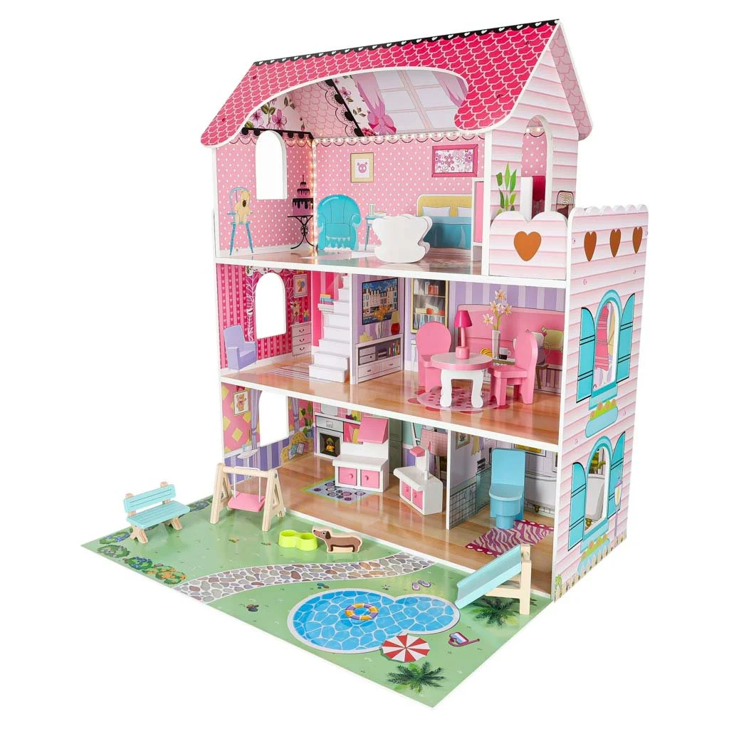 RoGer Wooden Dollhouse with LED 70cm