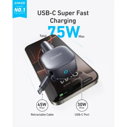 Automobilinis įkroviklis Anker Nano (75W, USB-C Port, Built-In