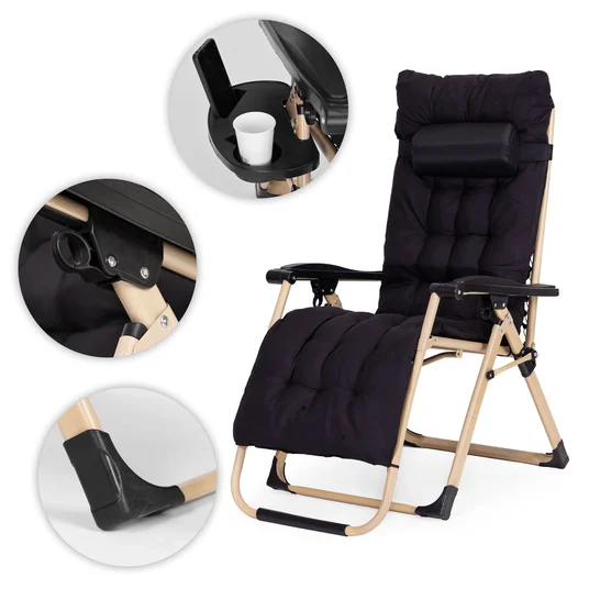 Garden beach lounger with cushion and headrest adjustable black gold frame MultiGarden