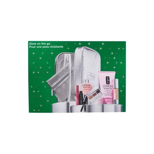 Veido priežiūros rinkinys Clinique Glow On The Go rinkinys: serumas 30 ml + prausiklis 150 ml + šešėliai 1,2 g + tušas 3,5 ml + lūpdažis 1,2 g +skaistinantis pieštukas 6 g + kosmetinė