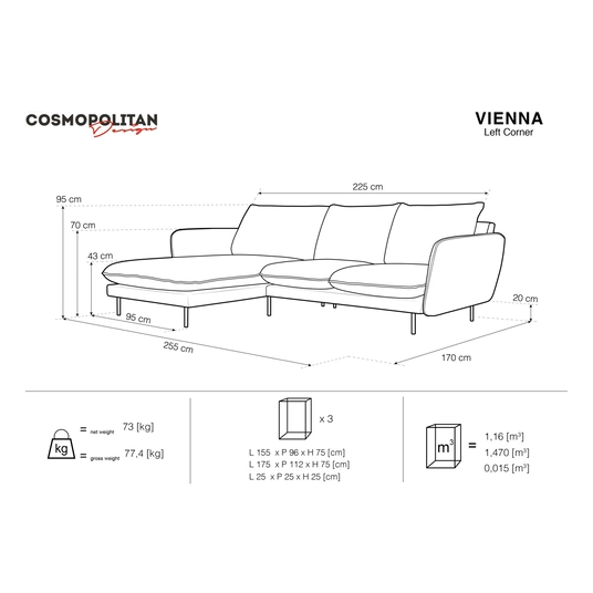 Boucle Left Corner Sofa, "Vienna", 5 Seats, 255x170x95 Made in Europe