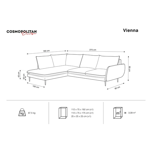 Left Corner Sofa, "Vienna", 6 Seats, 275x185x95 Made in Europe