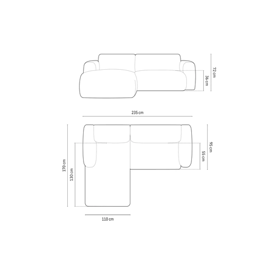 Velvet Left Corner Sofa, "Nolio", 4 Seats, 235x170x72 Made in Europe