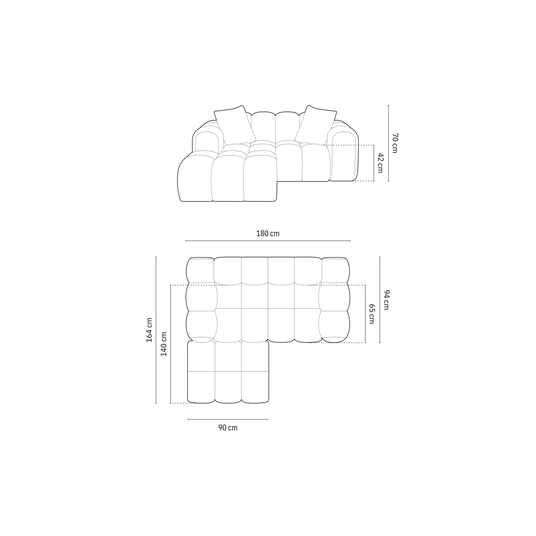 Velvet Left Corner Sofa, "Treno", 2 Seats, 180x164x70 Made in Europe