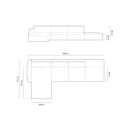 Velvet Left Corner Sofa, "Matera", 5 Seats, 364x171x85 Made in Europe