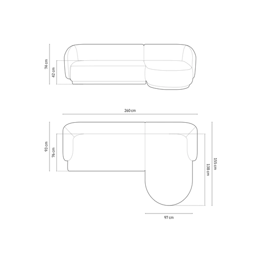 Velvet Right Corner Sofa, "Gomera", 4 Seats, 260x155x74 Made in Europe