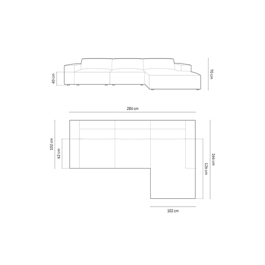 Velvet Right Corner Sofa, "Chicago", 4 Seats, 284x166x70 Made in Europe