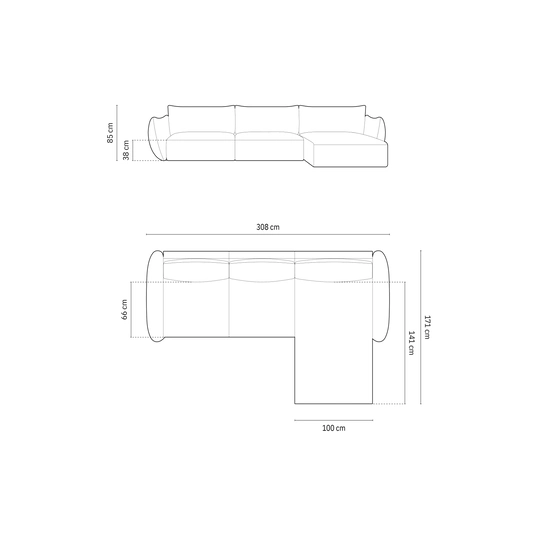 Velvet Right Corner Sofa, "Matera", 4 Seats, 308x171x85 Made in Europe