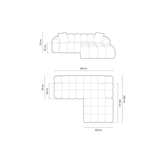 Velvet Right Corner Sofa, "Treno", 3 Seats, 240x184x70 Made in Europe