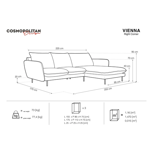 Right Corner Sofa, "Vienna", 5 Seats, 255x170x95 Made in Europe