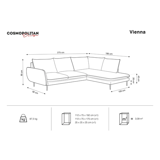 Boucle Right Corner Sofa, "Vienna", 6 Seats, 275x185x95 Made in Europe