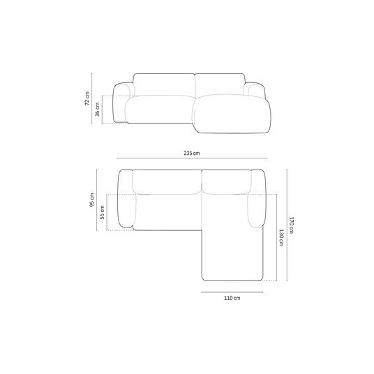 Velvet Right Corner Sofa, "Nolio", 4 Seats, 235x170x72 Made in Europe