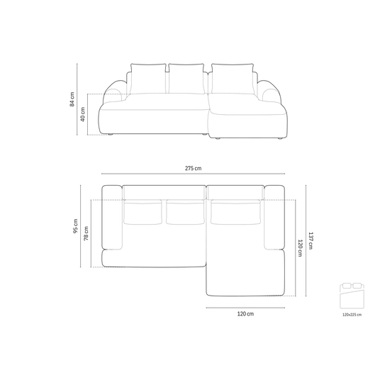 Right Corner Sofa With Bed Function And Box, "Calma", 3 Seats, 275x142x84 Made in Europe
