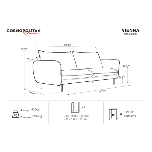 Boucle Sofa, "Vienna", 2 Seats, 160x92x95 Made in Europe