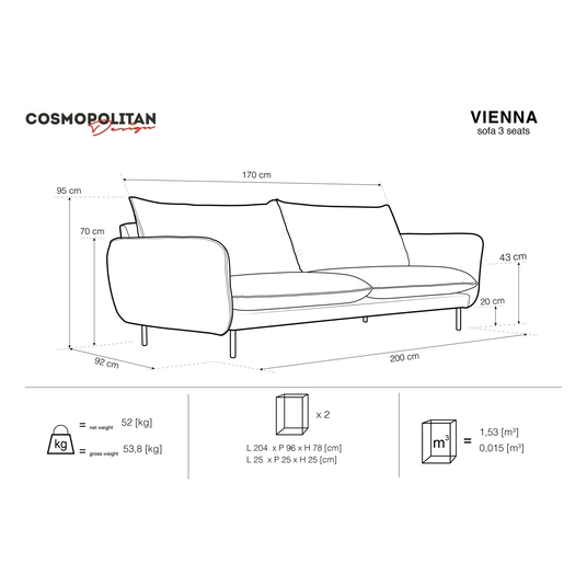 Boucle Sofa, "Vienna", 3 Seats, 200x92x95 Made in Europe