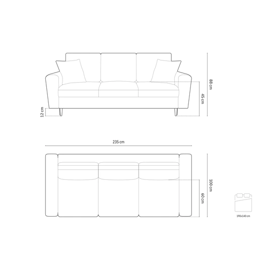 Velvet Sofa With Bed Function And Box, "Kyoto", 3 Seats, 235x100x88 Made in Europe