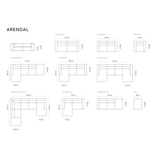 Velvet Left Sofa, "Arendal", 4 Seats, 262x102x70 Made in Europe