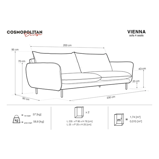Velvet Sofa, "Vienna", 4 Seats, 230x92x95 Made in Europe