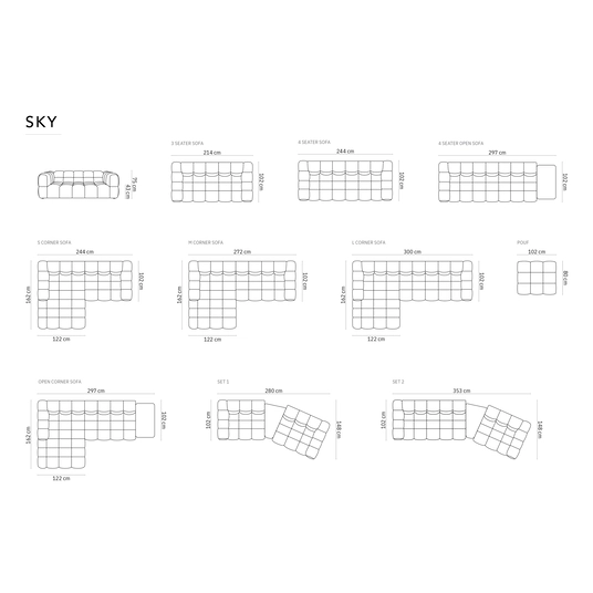 Velvet Left Modular Sofa, "Sky", 4 Seats, 297x102x70 Made in Europe