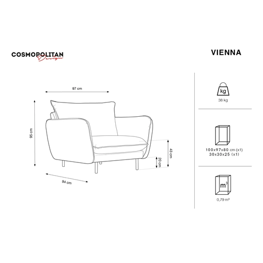 Velvet Armchair, "Vienna", 1 Seat, 97x94x95 Made in Europe