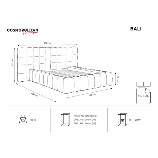 Velvet Storage Bed With Double Headboard, "Bali", 230x200x100 Made in Europe