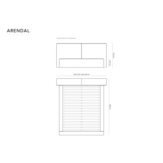 Velvet Storage Bed With Double Headboard, "Arendal", 228x214x97.5 Made in Europe