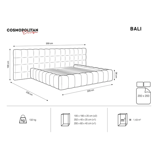 Velvet Storage Bed With Double Headboard, "Bali", 230x350x100 Made in Europe