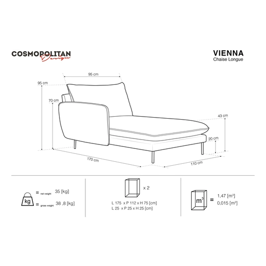 Velvet Chaise Longue Left, "Vienna", 1 Seat, 170x110x95 Made in Europe