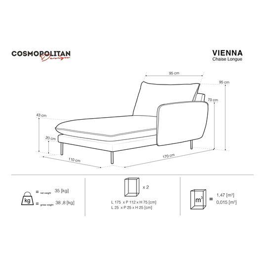 Velvet Chaise Longue Right, "Vienna", 1 Seat, 170x110x95 Made in Europe