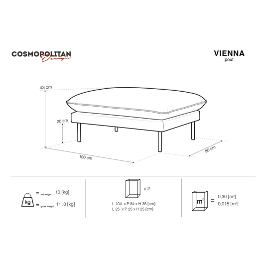 Velvet Pouf, "Vienna", 1 Seat, 93x73x43 Made in Europe