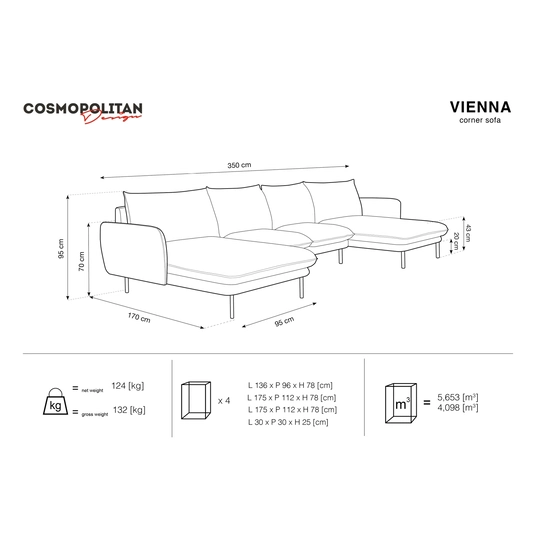 Velvet Panoramic Sofa, "Vienna", 6 Seats, 350x170x95 Made in Europe