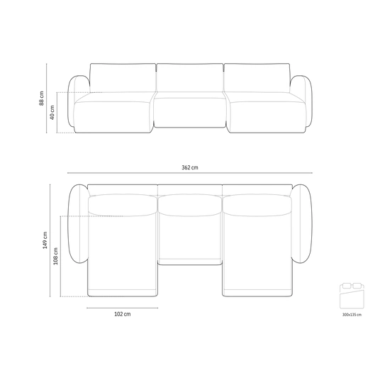 Panoramic Sofa with Box and Sleeping Function, "Tonale", 5 Seats, 362x149x88 Made in Europe