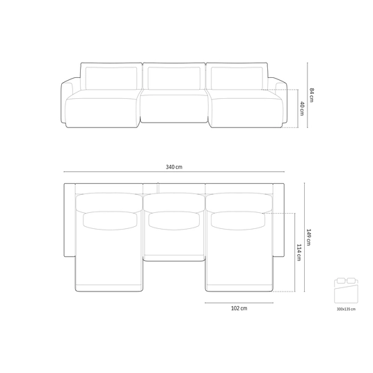 Velvet Panoramic Sofa with Box and Sleeping Function, "Belfast", 4 Seats, 340x149x84 Made in Europe
