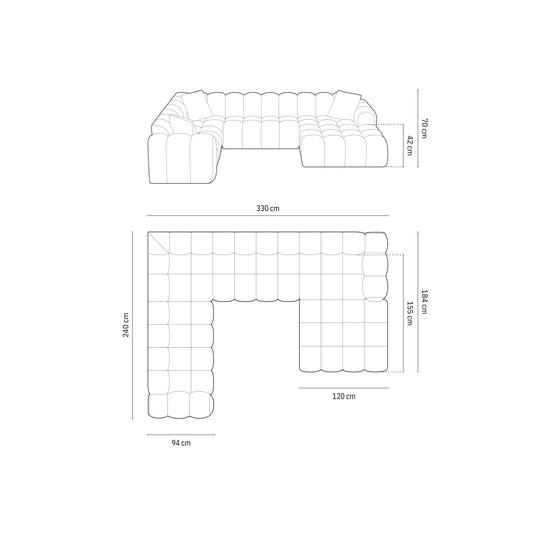 Velvet Panoramic Left Corner Sofa, "Treno", 4 Seats, 330x240x70 Made in Europe