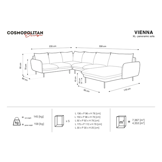Panoramic Left Corner Sofa, "Vienna", 7 Seats, 330x235x95 Made in Europe